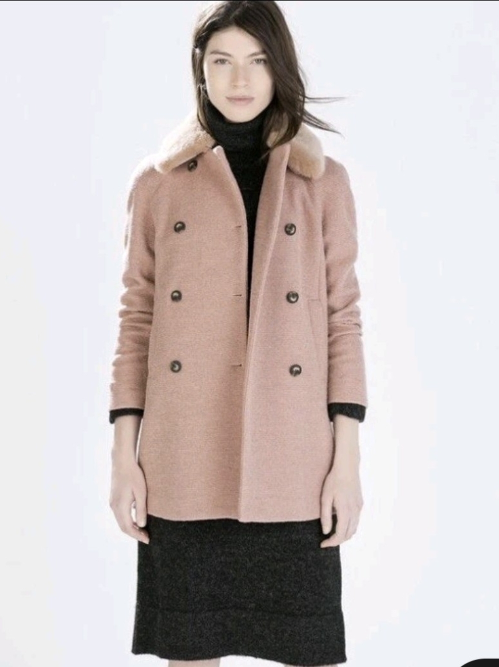 Zara Dusty Pink Pea Coat with Faux Fur Collar